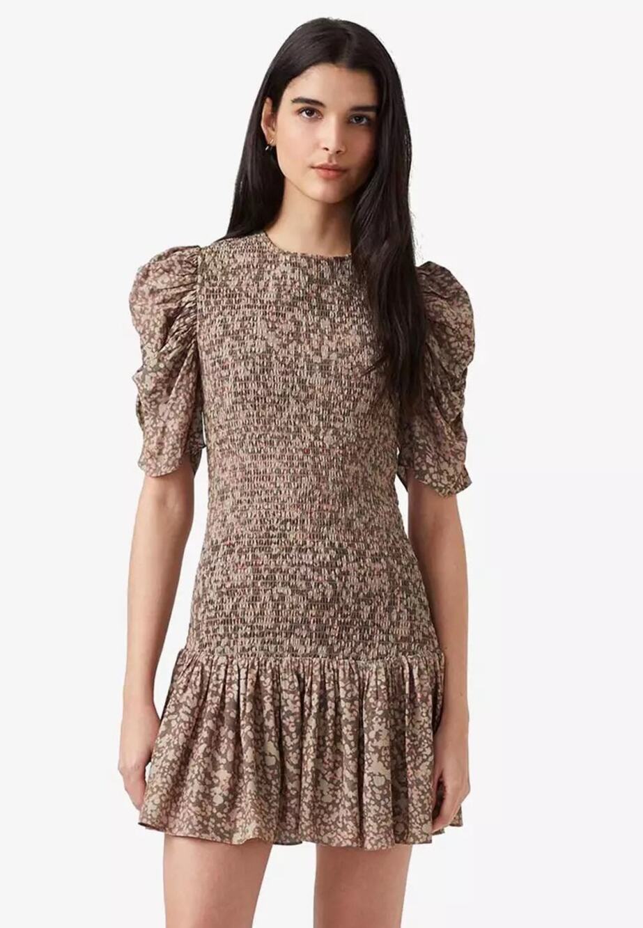 French Connection Brown Speckled Floral Erika Drope Smock Mini Dress Large